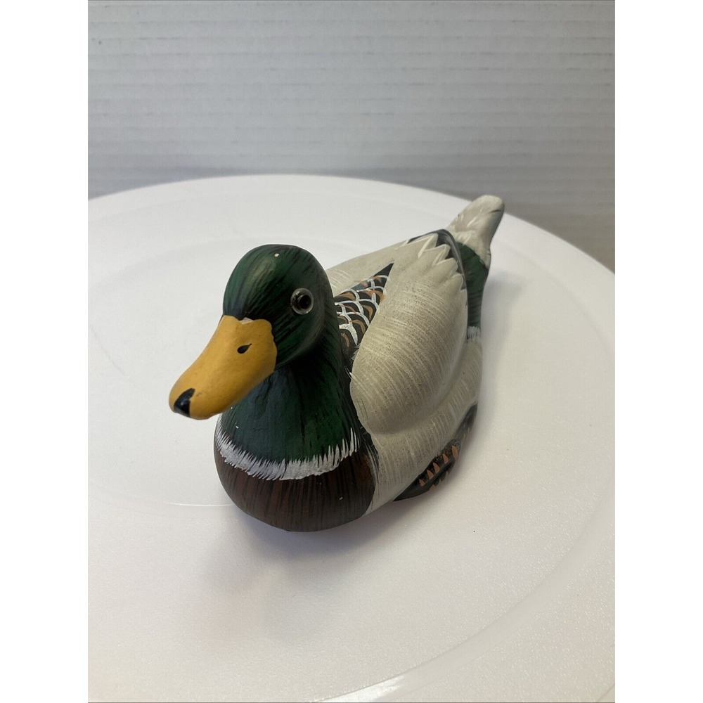 Ceramic Hand Painted Glass Eyed Mallard Duck Decoy Decor Green White 6" Figurine